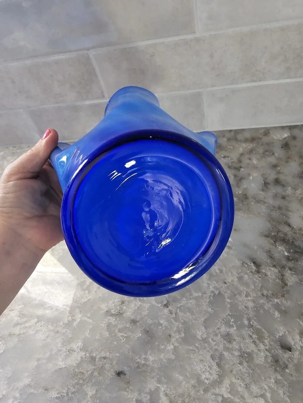 Vintage Cobalt Blue Handkerchief Vase Ruffled Edge Art Glass Swirl Murano Style